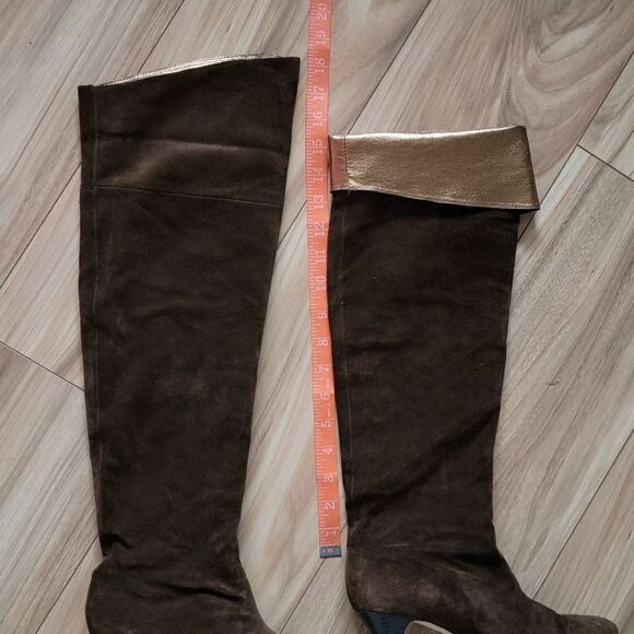 Cynthia Vincent Metallic Suede Leather Over the Knee Boots in Brown & Gold - Picture 11 of 15